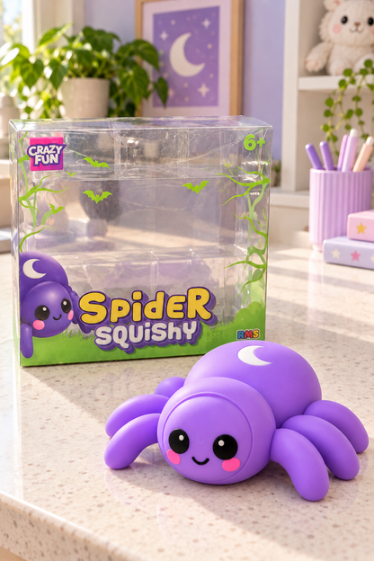 Purple RMS Spider Squishy outside its retail box in a lifestyle setting
