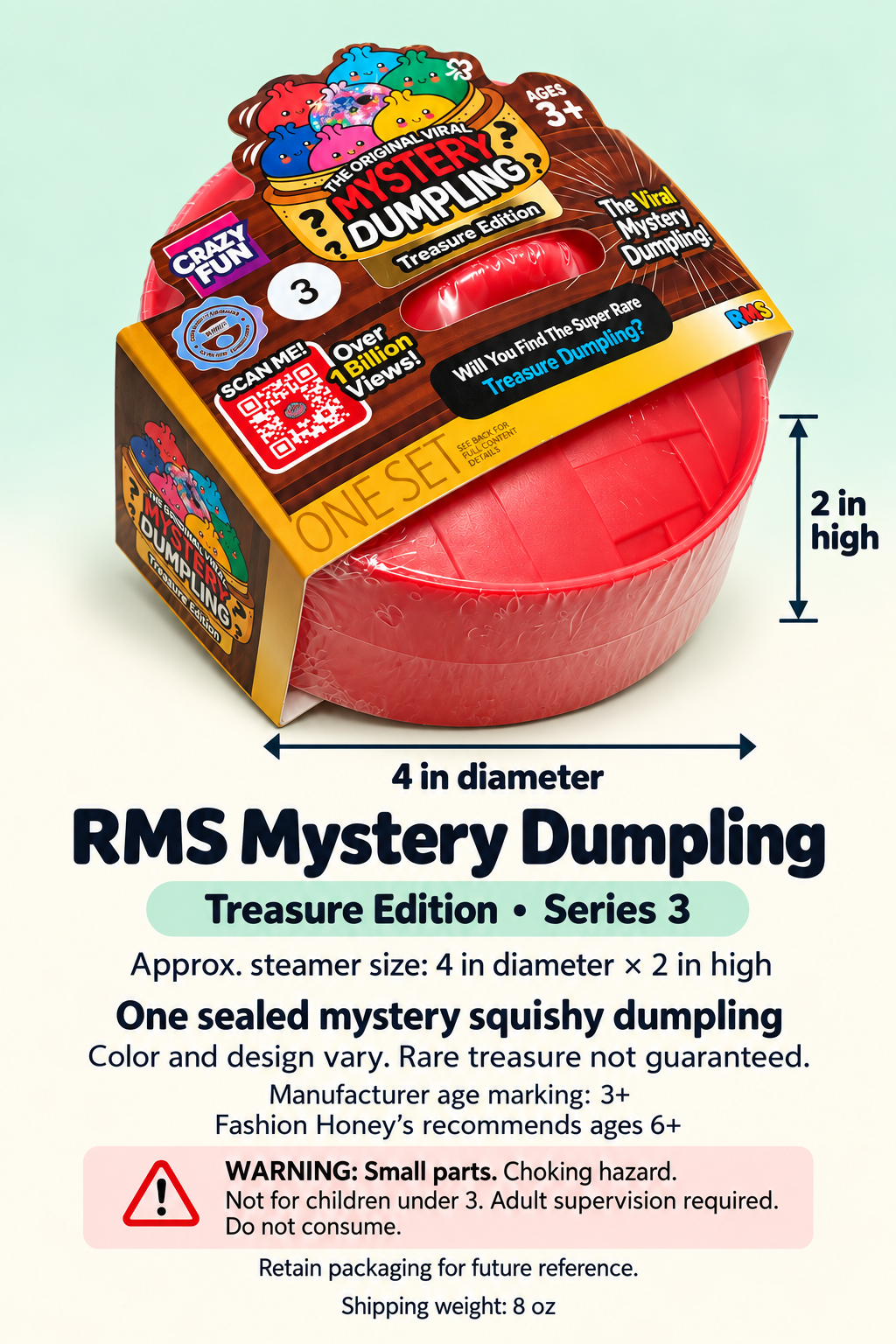 Sealed RMS Treasure Edition Series 3 steamer approximately 4 inches in diameter and 2 inches high, with age guidance and choking warnings.