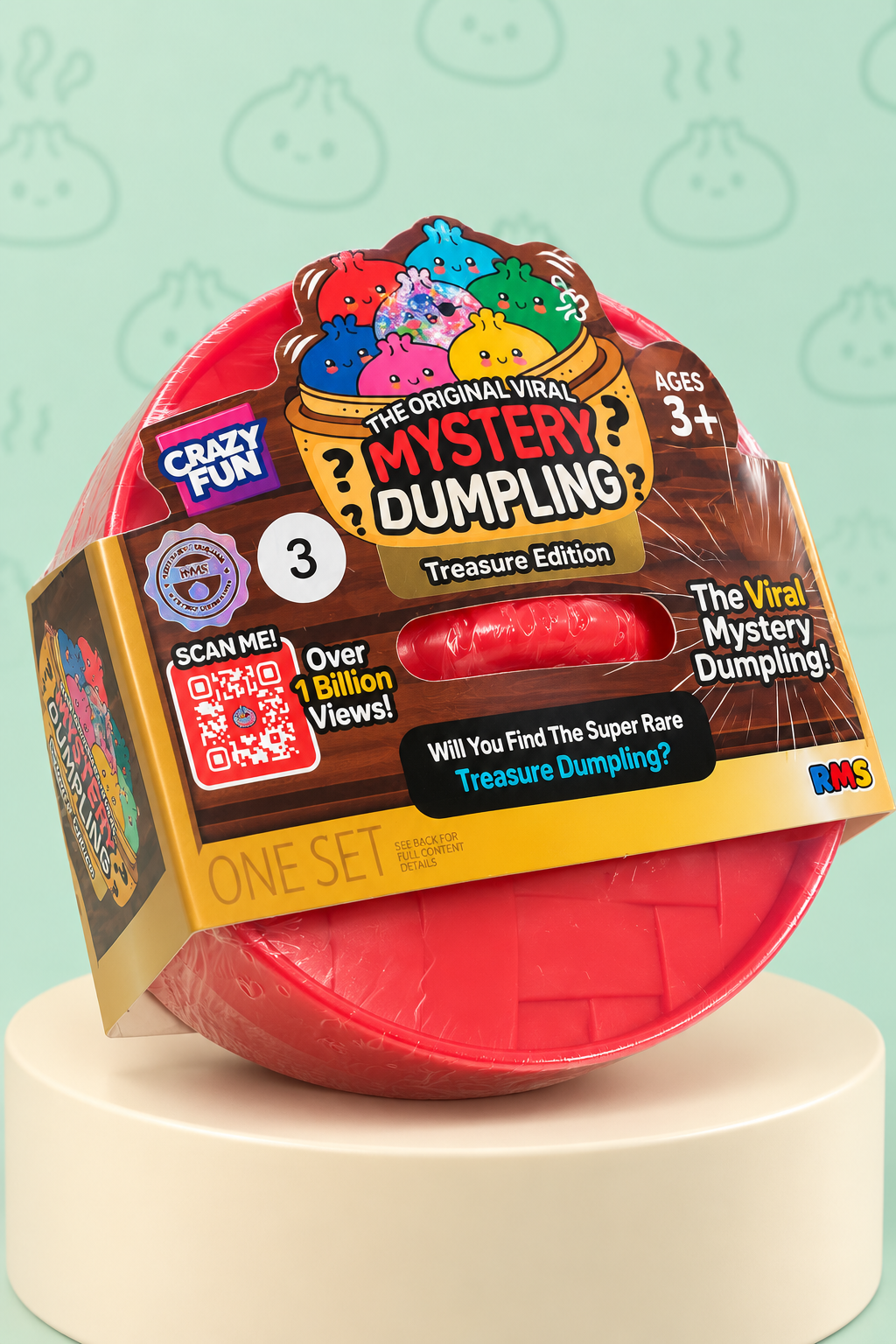 Authentic RMS Treasure Edition Series 3 mystery dumpling in its sealed red steamer on a pastel display.