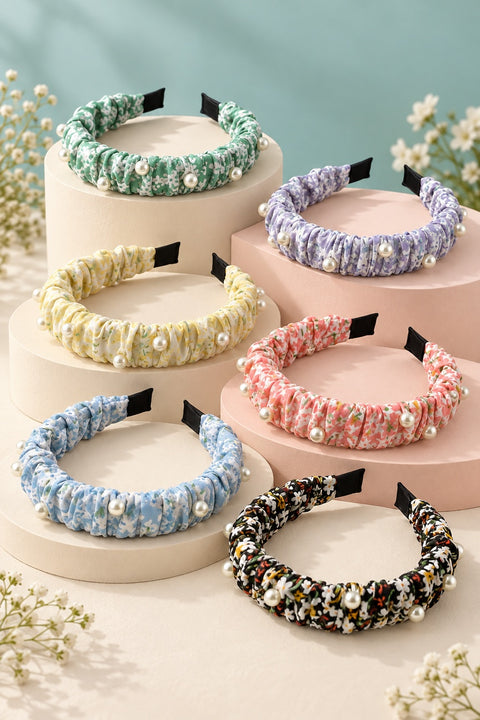 Floral Pearl-Accent Ruched Headband
