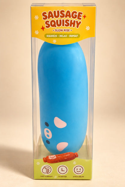 Blue Sausage Squishy slow-rise squeeze toy in clear box