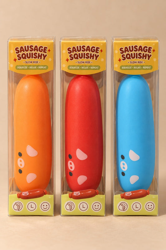 Orange, red, and blue Sausage Squishy slow-rise toys in individual clear boxes