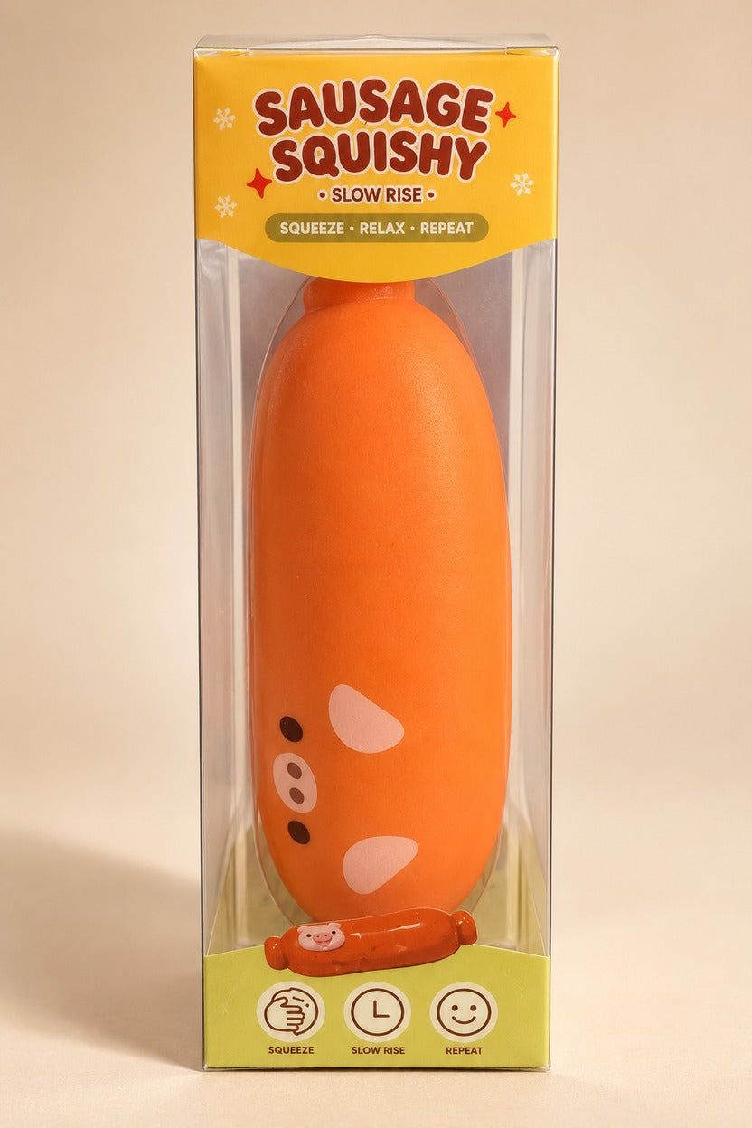 Orange Sausage Squishy slow-rise squeeze toy in clear box