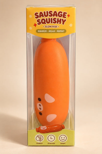 Orange Sausage Squishy slow-rise squeeze toy in clear box
