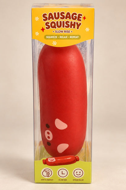 Red Sausage Squishy slow-rise squeeze toy in clear box