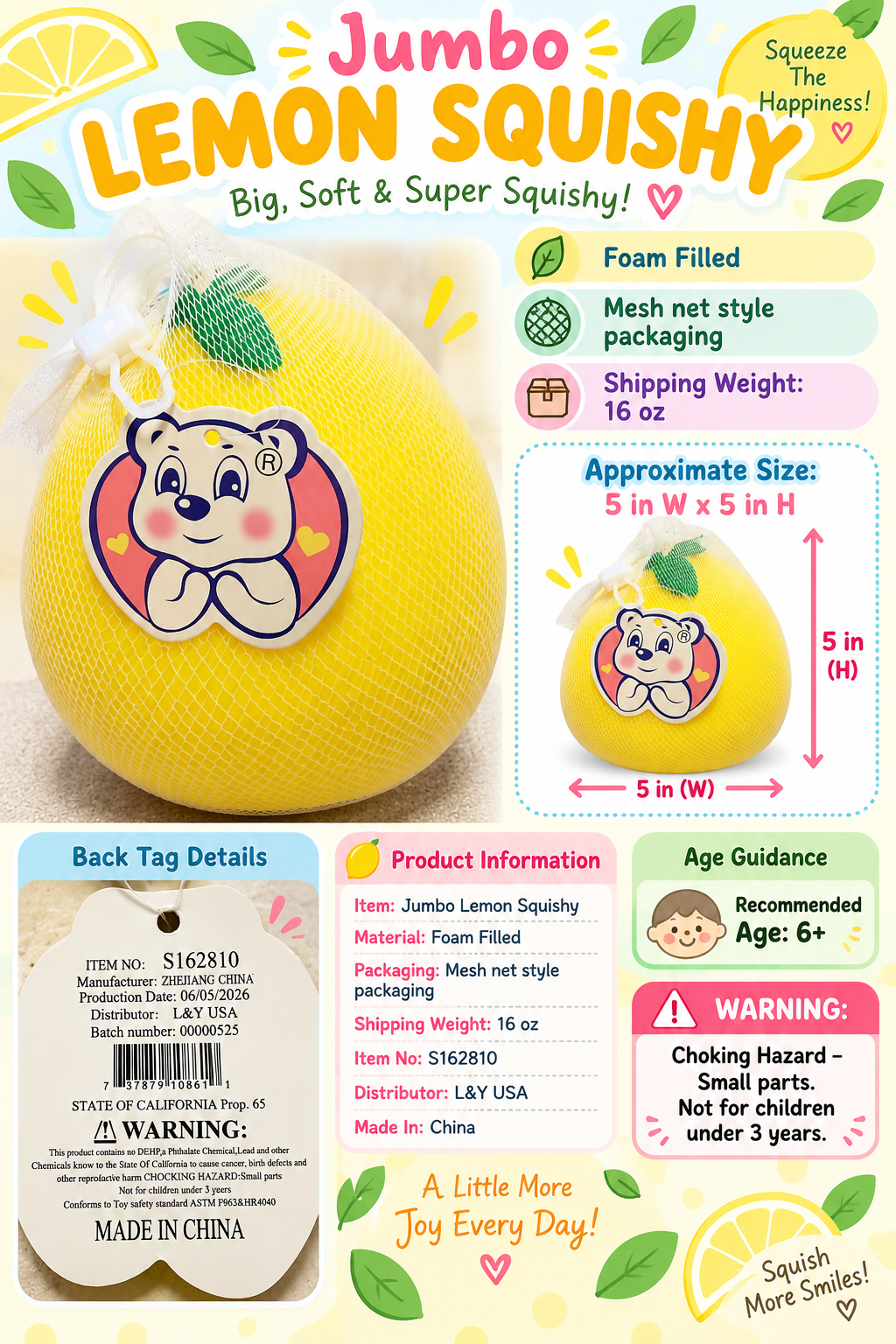 Jumbo lemon squishy size and warning information guide