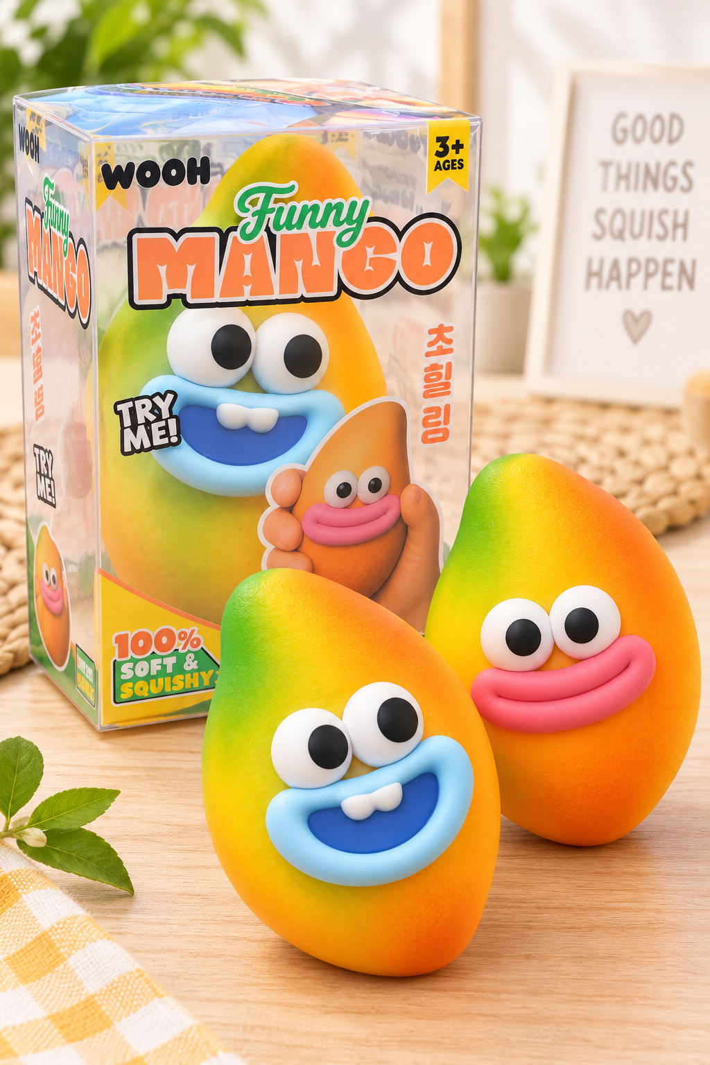 Funny Mango Pinch Pinch Toy squishy with red-face and blue-face variants