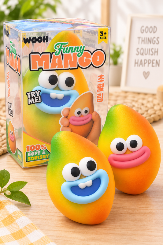 Funny Mango Pinch Pinch Toy squishy with red-face and blue-face variants