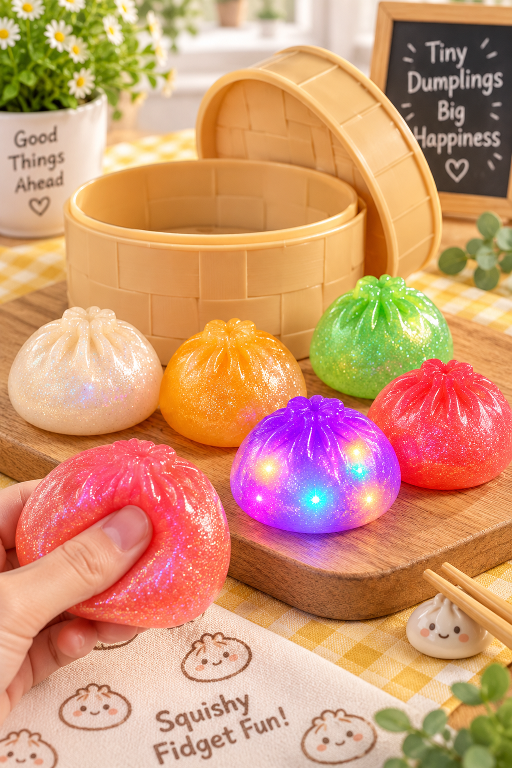 Rainbow Mystery Glitter Dumpling light-up squishies lifestyle image