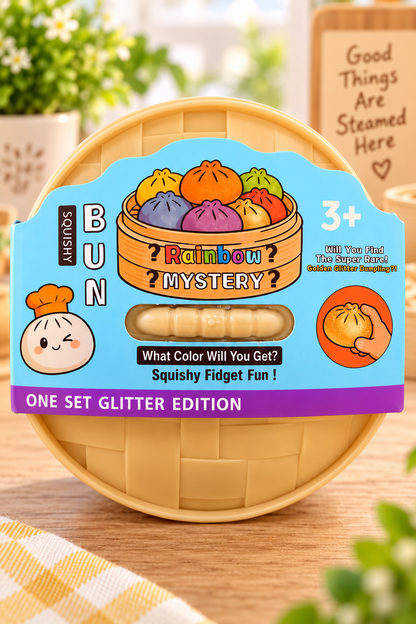 Rainbow Mystery Glitter Dumpling squishy in steamer-style package