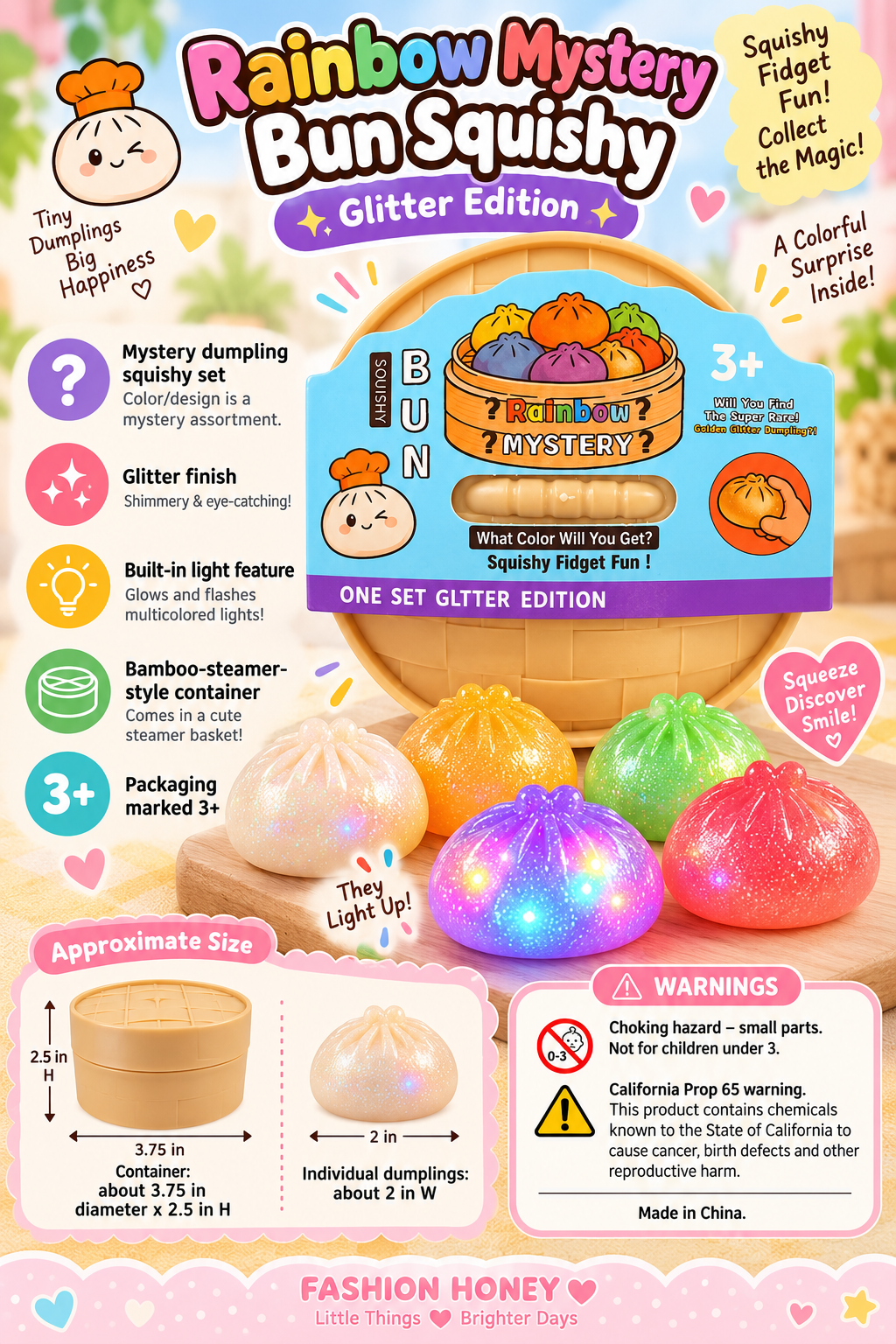 Rainbow Mystery Glitter Dumpling size and warning guide