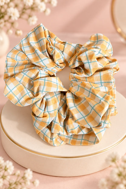 golden yellow plaid ruffle scrunchie with elastic center