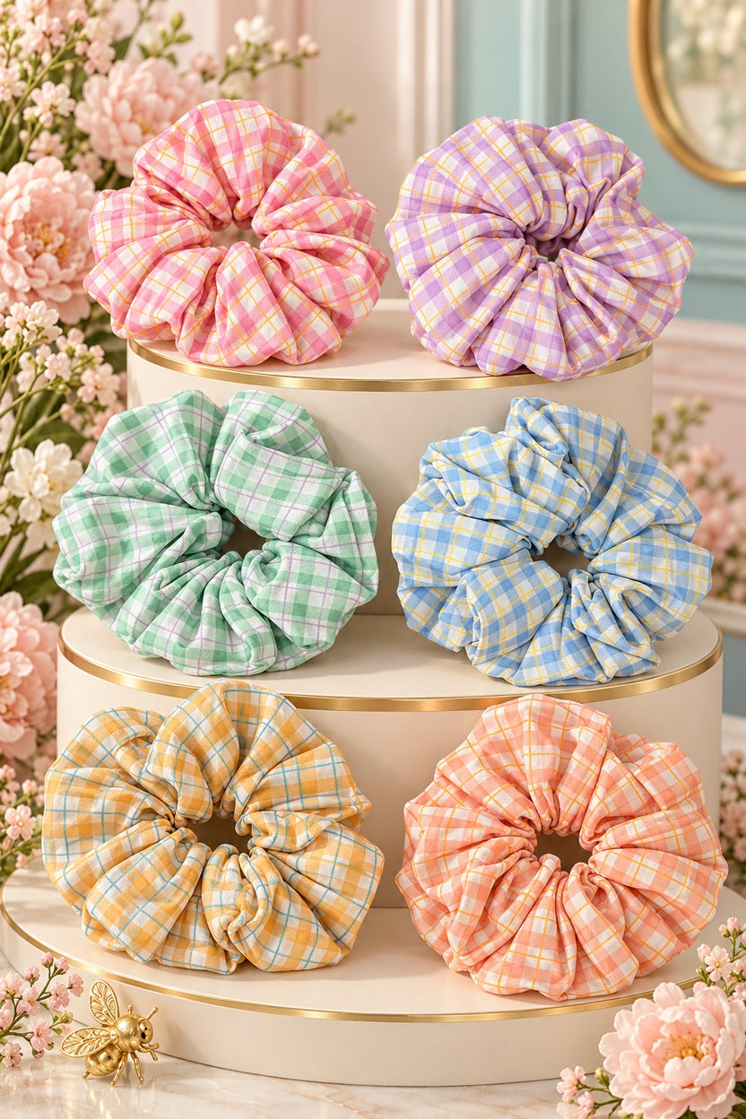 Six Ellas pastel plaid ruffle scrunchie colors displayed together