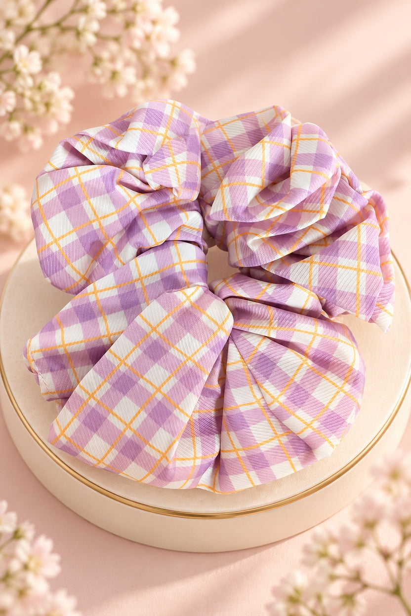 lavender plaid ruffle scrunchie with elastic center