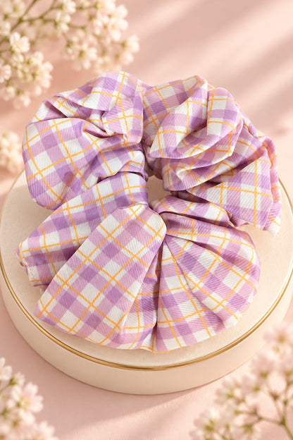 lavender plaid ruffle scrunchie with elastic center