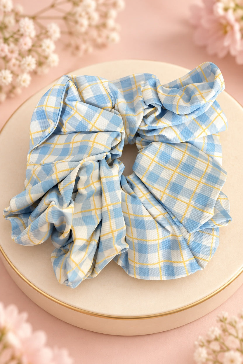 light blue plaid ruffle scrunchie with elastic center