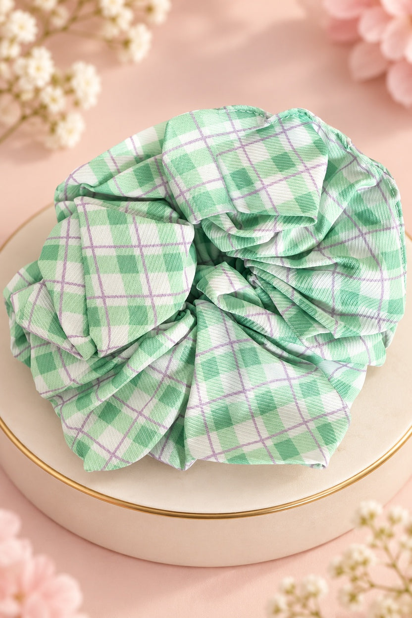 mint green plaid ruffle scrunchie with elastic center
