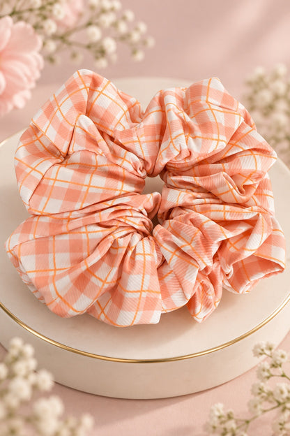peach plaid ruffle scrunchie with elastic center