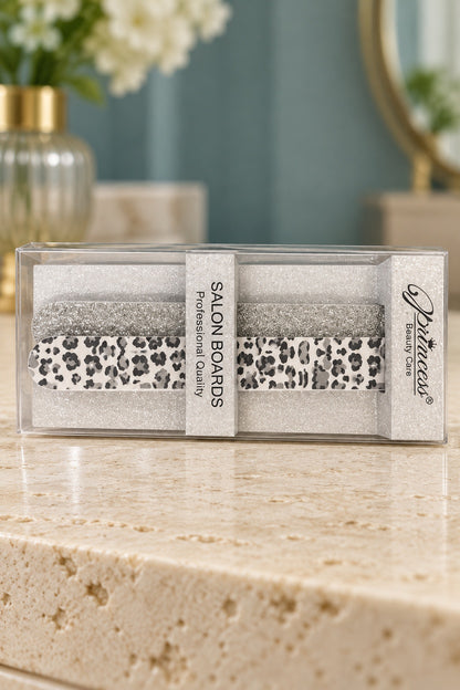 White & Gray Leopard / Silver Glitter Princess boxed nail-file set
