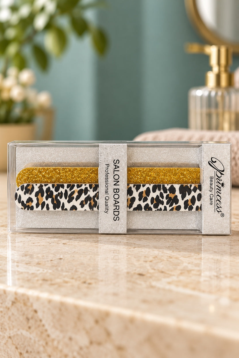 Cream Leopard / Gold Glitter Princess boxed nail-file set
