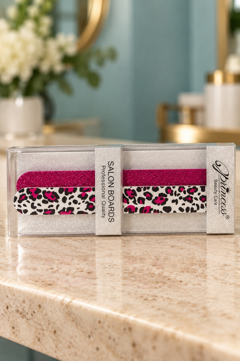White & Pink Leopard / Hot Pink Glitter Princess boxed nail-file set