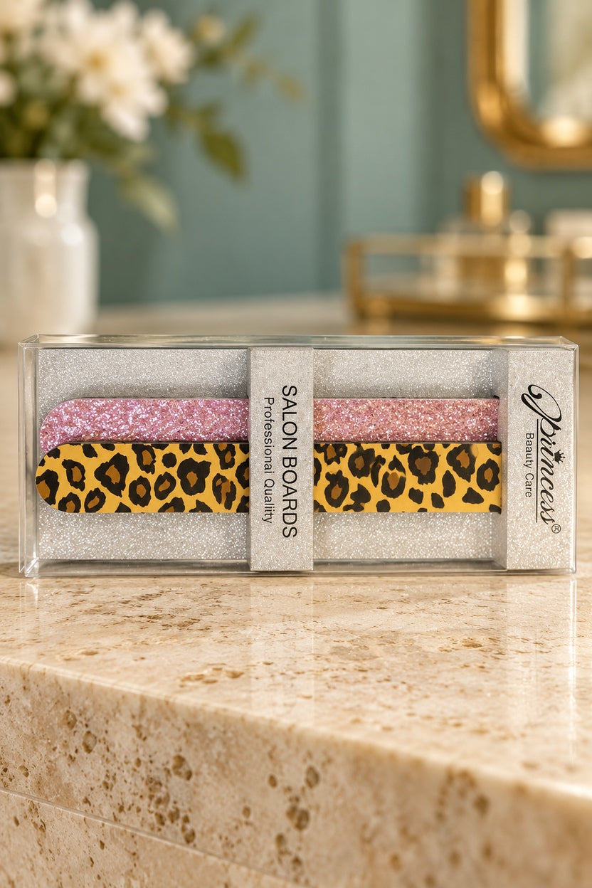 Yellow Leopard / Light Pink Glitter Princess boxed nail-file set