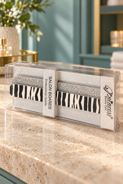 Zebra and silver glitter boxed nail-file set, alternate angle