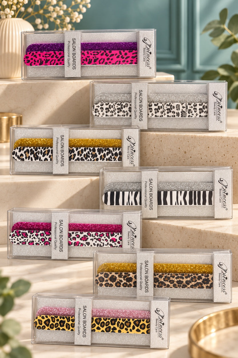 Seven Princess animal-print and glitter nail-file boxed sets displayed; one selected boxed set per purchase