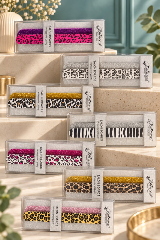 Seven Princess animal-print and glitter nail-file boxed sets displayed; one selected boxed set per purchase