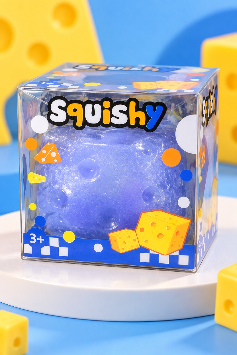 Blue Slushy Cheese no bounce back squishy in retail box