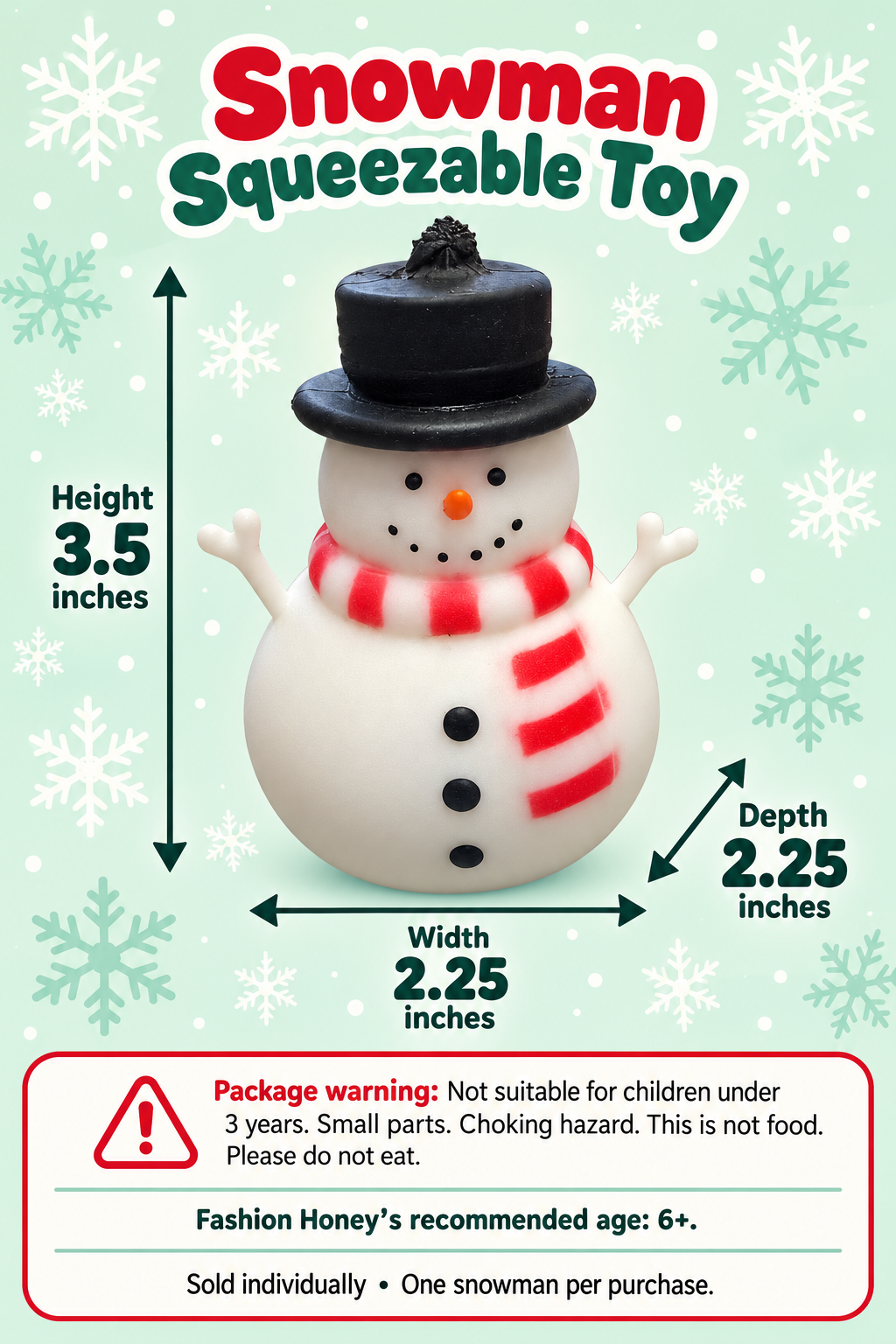 Snowman squishy dimensions: 3.5 inches tall, 2.25 inches wide and deep, with safety warnings.