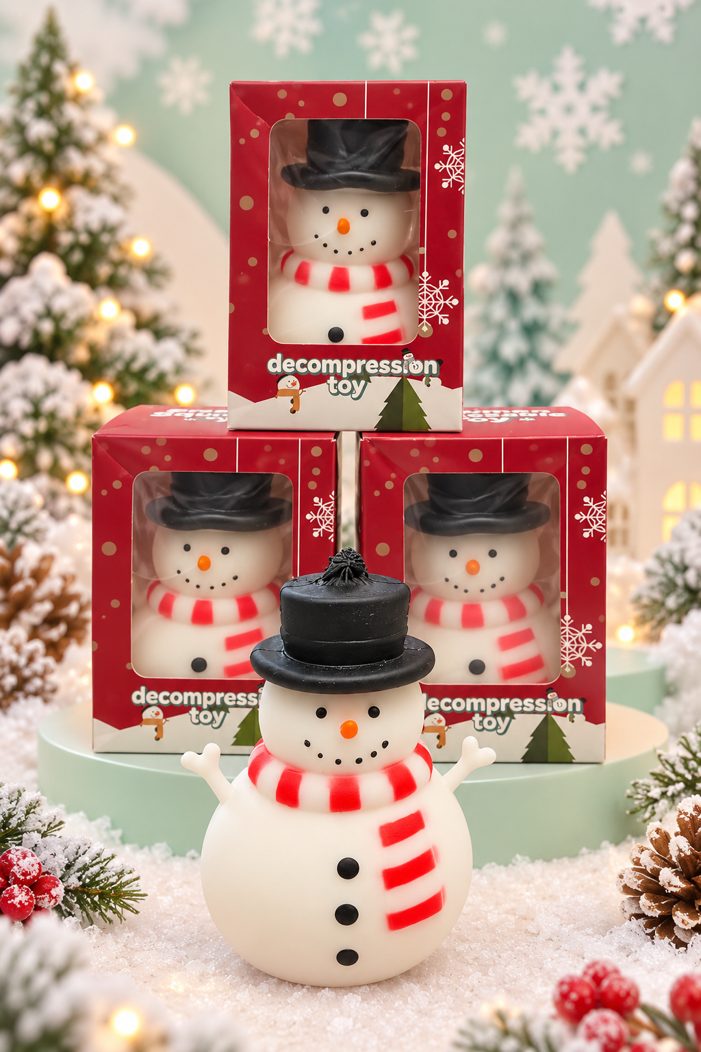 Snowman squishy with black top hat and red scarf outside its retail box in a tiered winter display; sold individually