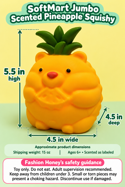 SoftMart pineapple product dimensions 5.5 inches high by 4.5 inches wide and deep with age 6+ and store safety guidance.