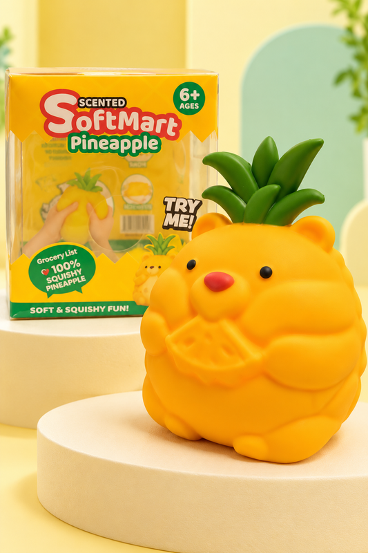 SoftMart jumbo scented pineapple squishy outside its retail box on a pastel display.
