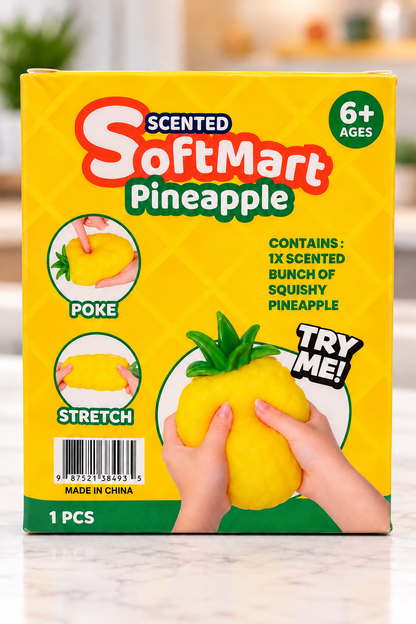 SoftMart scented pineapple retail box back showing age 6+, poke and stretch illustrations, barcode and made-in-China label.