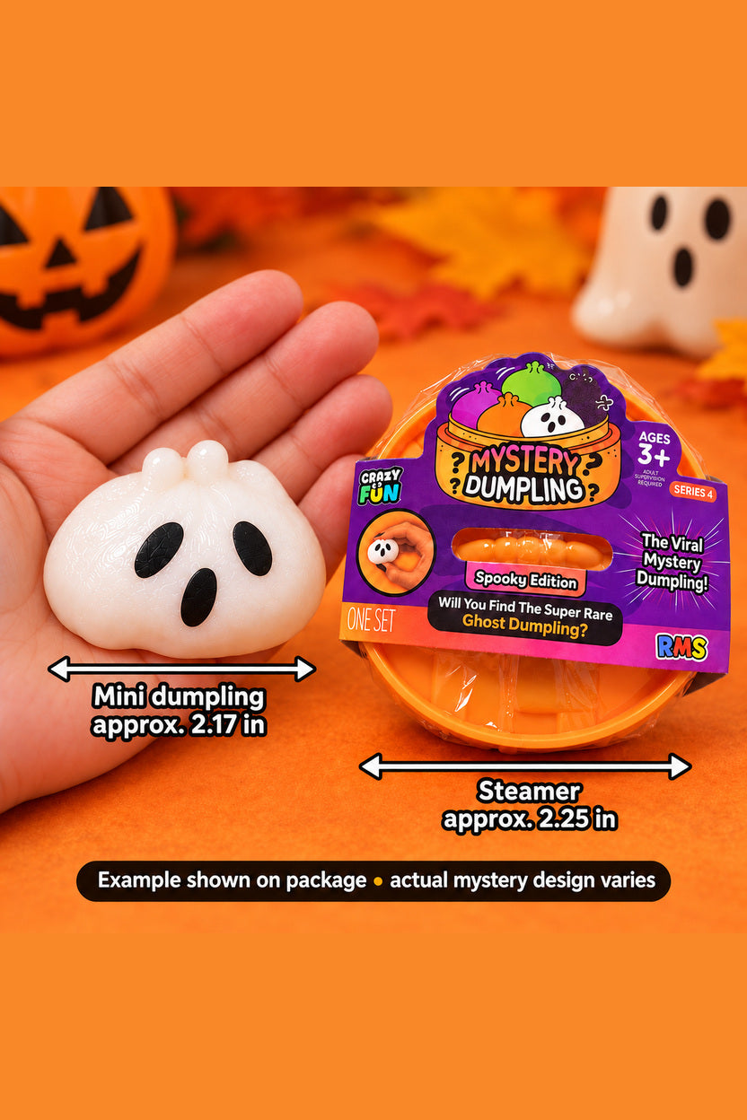 Illustrative sample dumpling in child's hand; mystery contents vary