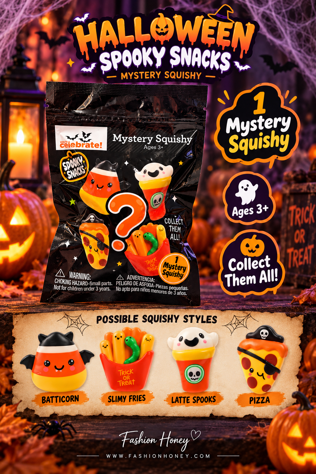 Way to Celebrate Spooky Snacks Mystery Squishy assortment and features