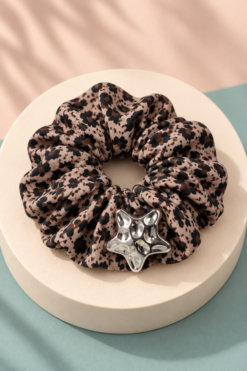 Taupe Leopard Melody star-accent scrunchie with neatly arranged gathered fabric