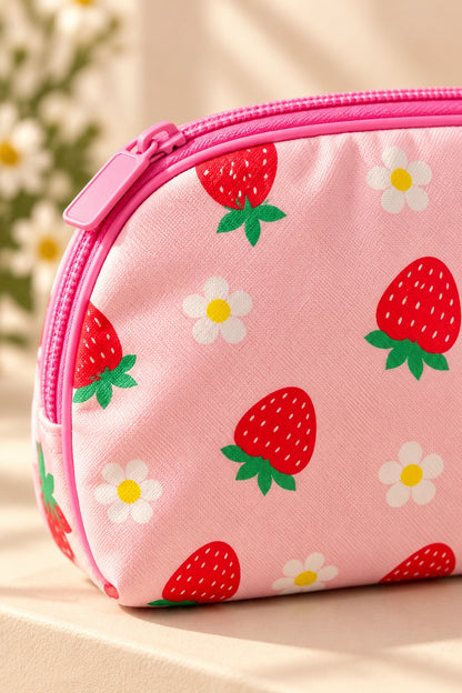 Pink strawberry and daisy makeup bag zipper, piping and fabric close-up.