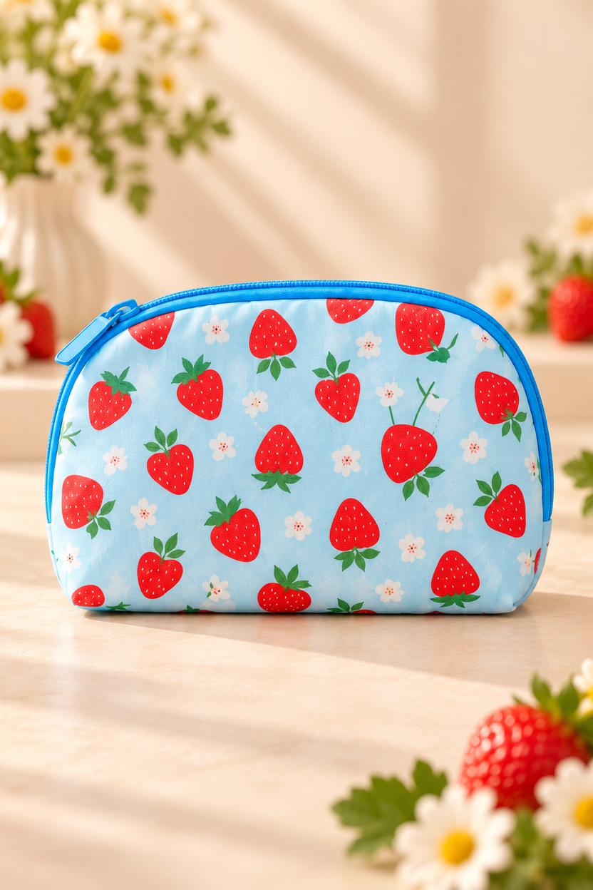 light blue background, red strawberries green leaves and tiny white flowers, blue zipper and piping strawberry-print makeup bag; one bag in selected design.