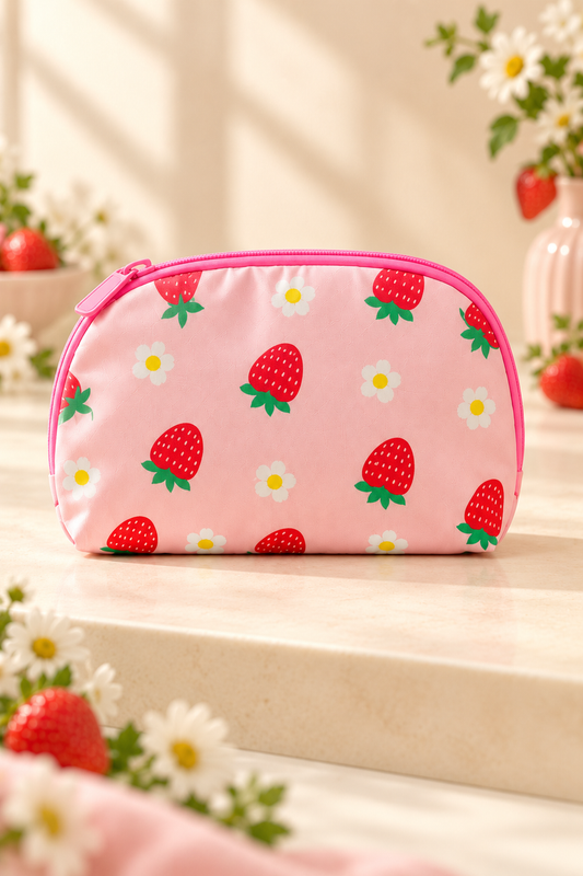 pink background, red strawberries with green leaves and white/yellow daisies, pink zipper and piping strawberry-print makeup bag; one bag in selected design.