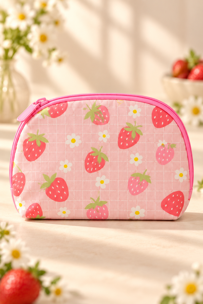 blush pink white grid background, strawberries and white/yellow daisies, pink zipper and piping strawberry-print makeup bag; one bag in selected design.
