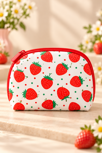 white background, red strawberries green leaves and small red/green dots, RED zipper and piping strawberry-print makeup bag; one bag in selected design.
