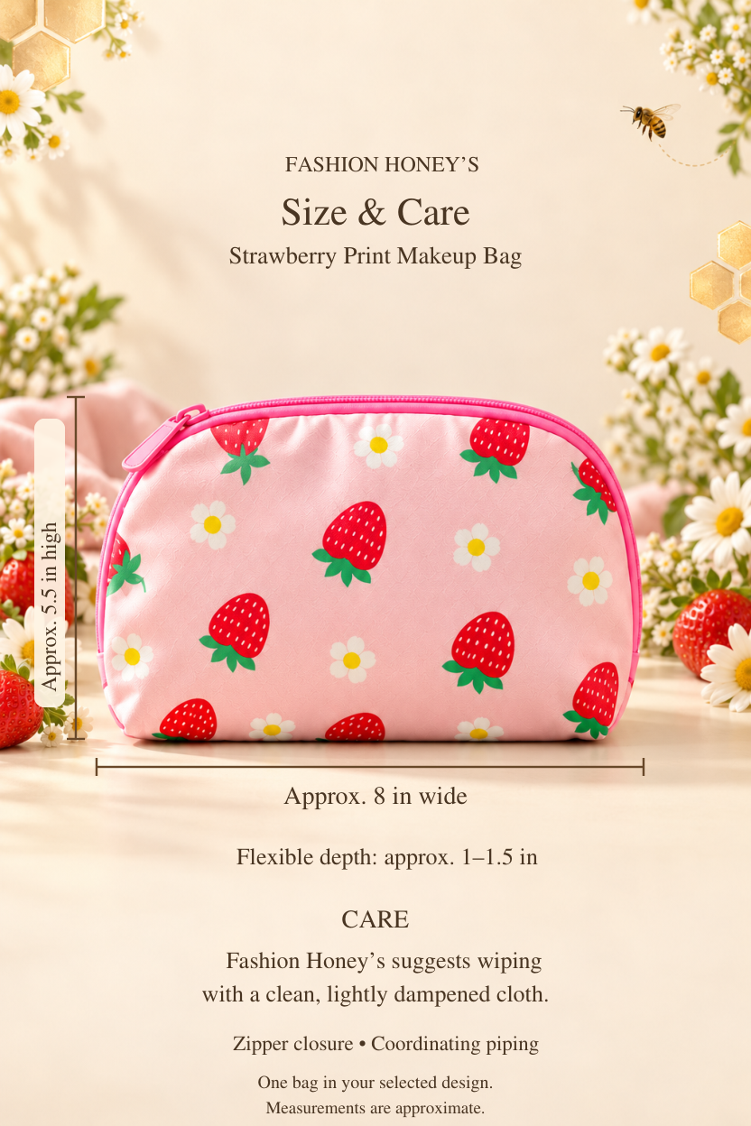 Strawberry makeup bag size and care guide: approximately 8 inches wide, 5.5 inches high, flexible depth 1–1.5 inches; wipe with a clean, lightly dampened cloth.