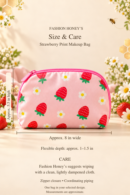 Strawberry makeup bag size and care guide: approximately 8 inches wide, 5.5 inches high, flexible depth 1–1.5 inches; wipe with a clean, lightly dampened cloth.