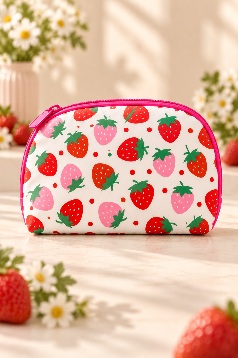 white background, dense red and pink strawberries with green leaves and small red/green dots, hot pink zipper and piping strawberry-print makeup bag; one bag in selected design.