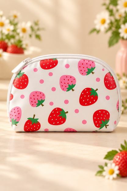 white background, larger red and pink strawberries green leaves and pink dots, WHITE zipper and piping strawberry-print makeup bag; one bag in selected design.