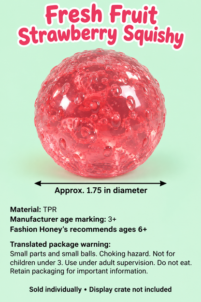 Strawberry squishy with approximate 1.75 inch diameter, TPR material, age guidance and translated package warnings.