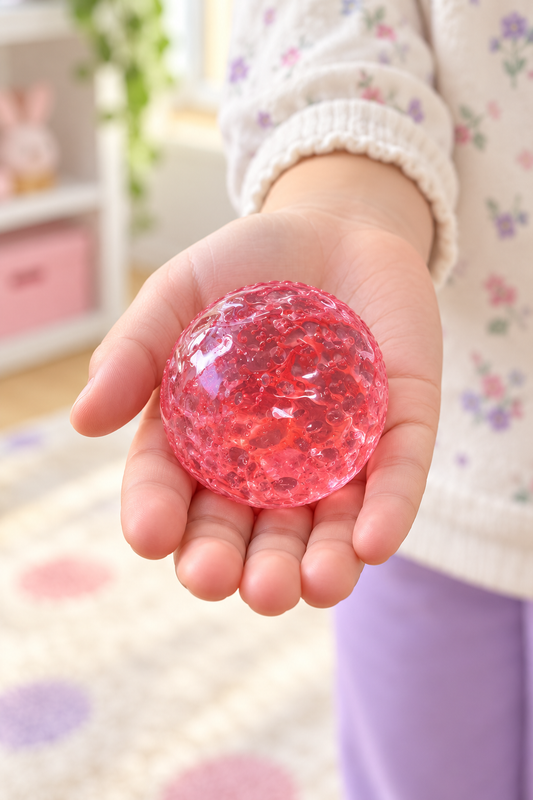 Round translucent pink strawberry squishy resting in a child's palm.