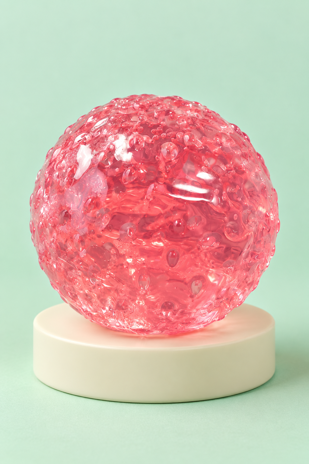 Unwrapped translucent pink strawberry squishy on a cream display stand.
